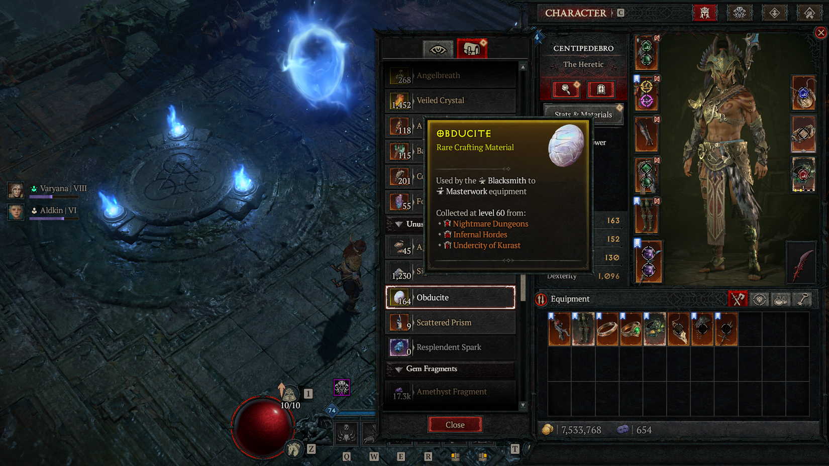 Obducite from the D4 inventory screen