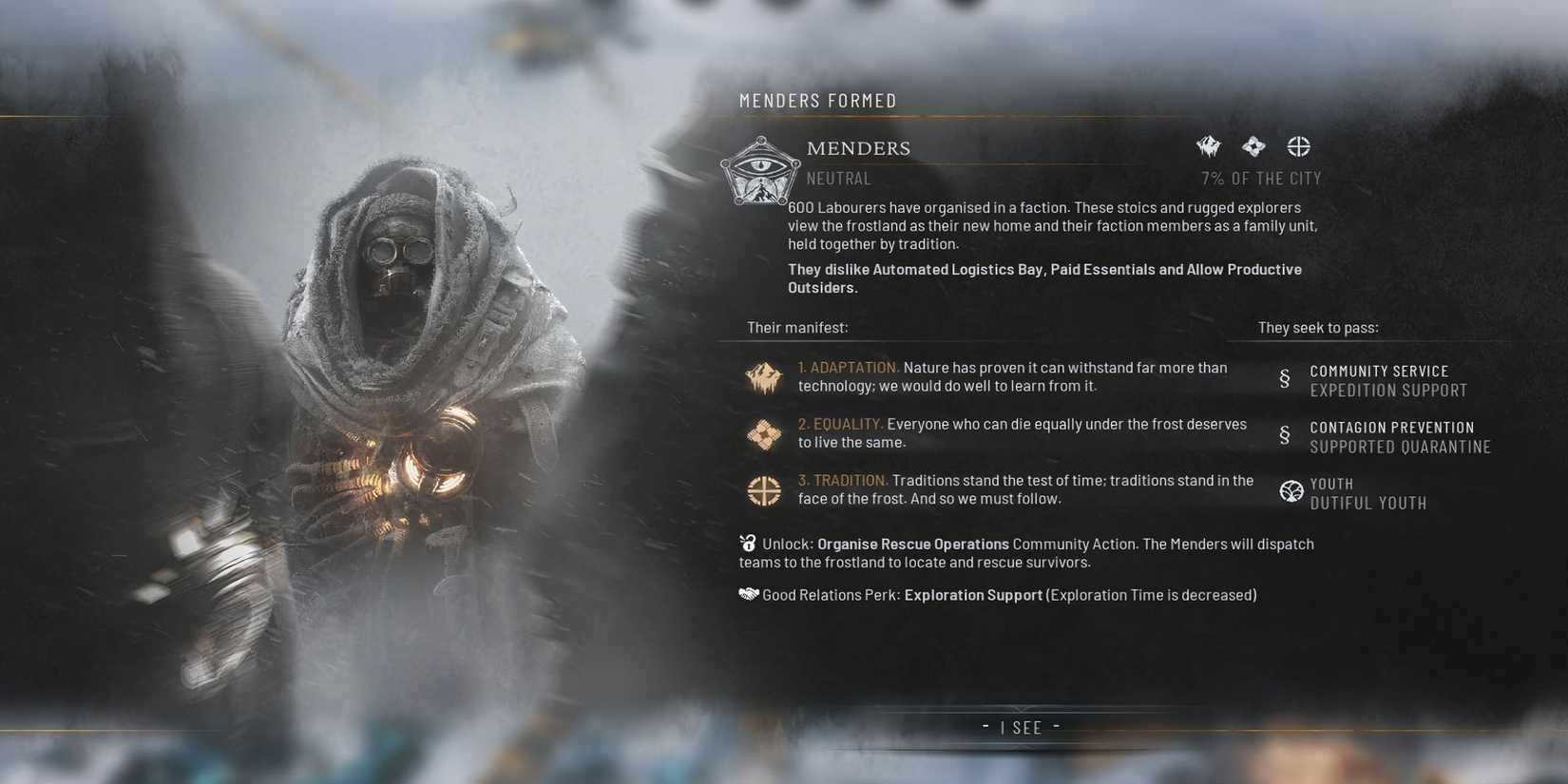 The "Menders Formed" screen from Frostpunk 2