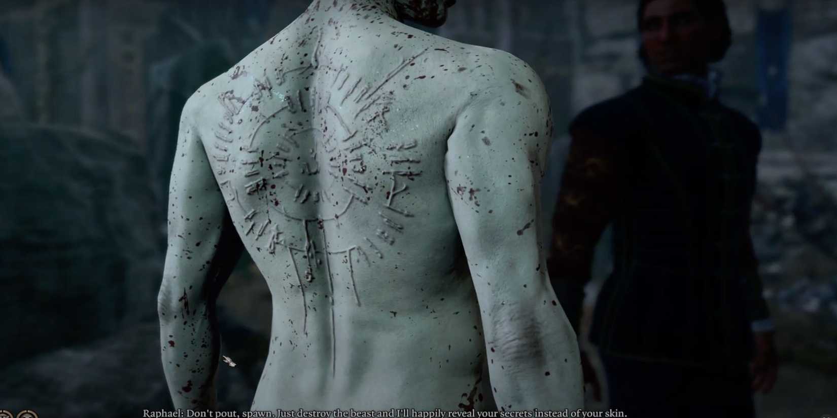 Astarion shows Raphael his scars outside the mausoleum in Act 2
