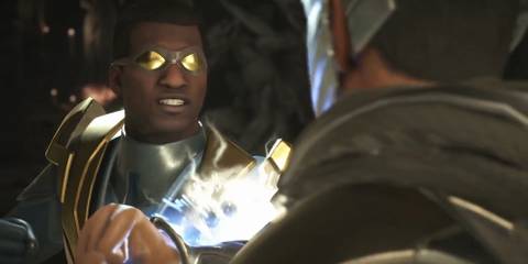 Black Lightning clashing with Black Adam in Injustice 2
