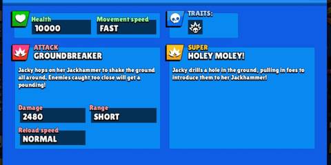 Jacky stats on a blue background in Brawl Stars