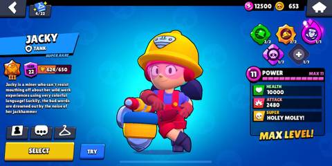 Jacky on a blue background in the Brawl Stars menu