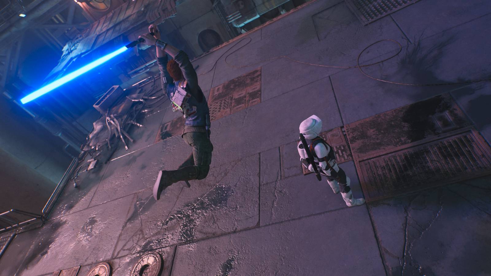 Cal leaping down onto a Scout Trooper in Star Wars Jedi: Survivor