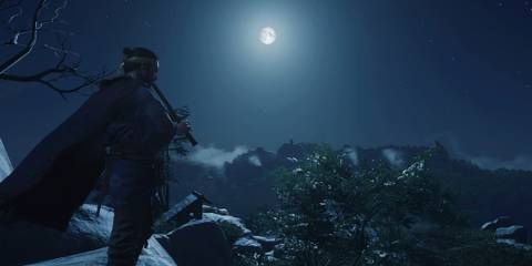 Jin playing his flute at night in Ghost of Tsushima
