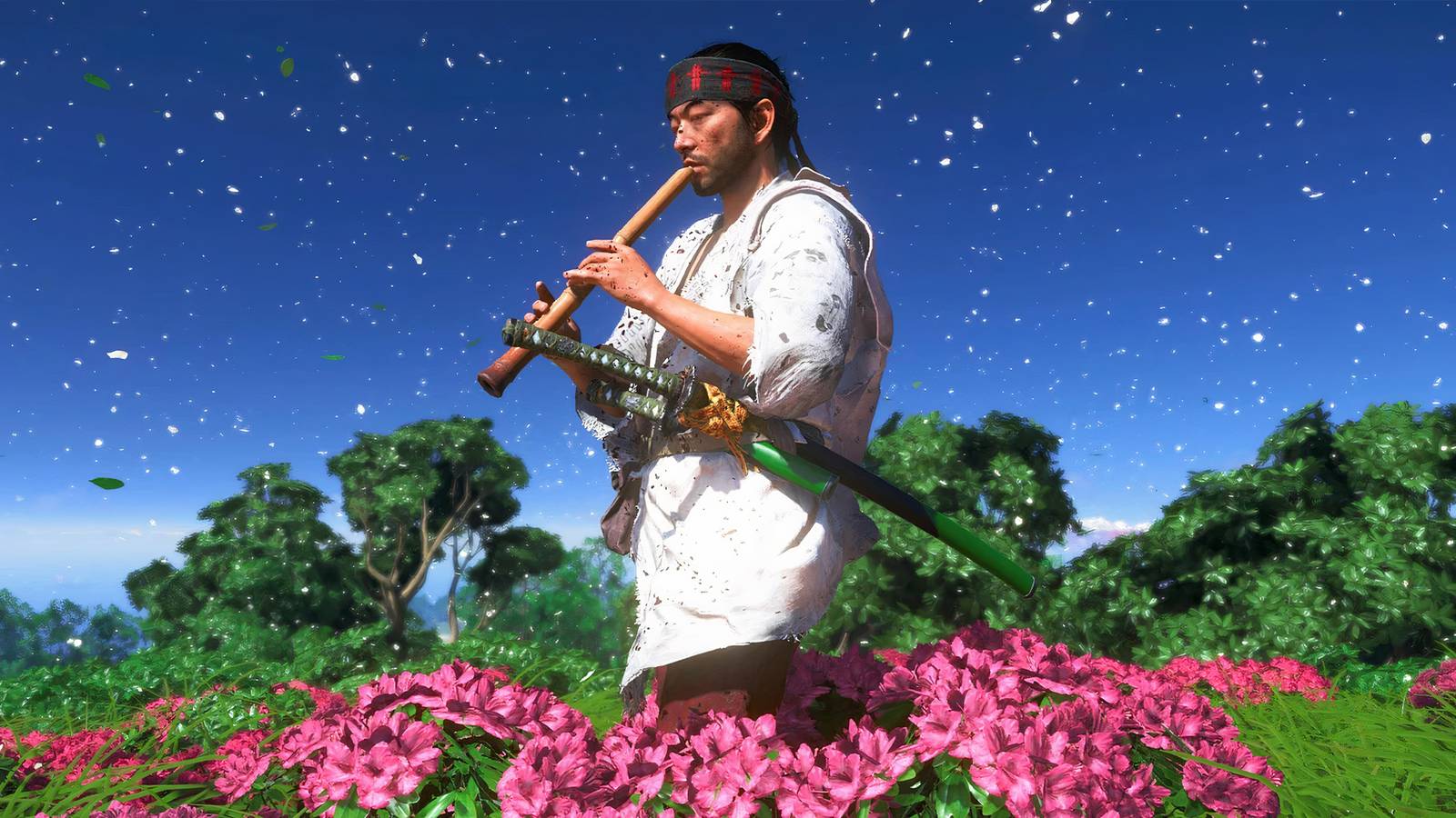 Jin playing his flute in a field