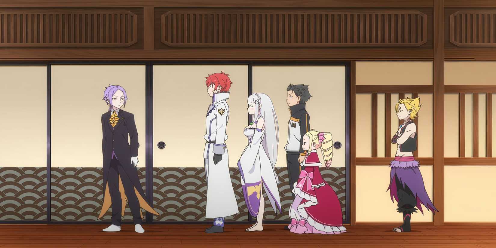 Joshua, Reinhard van Astrea, Emilia, Subaru, Beatrice, and Garfiel in Re:Zero