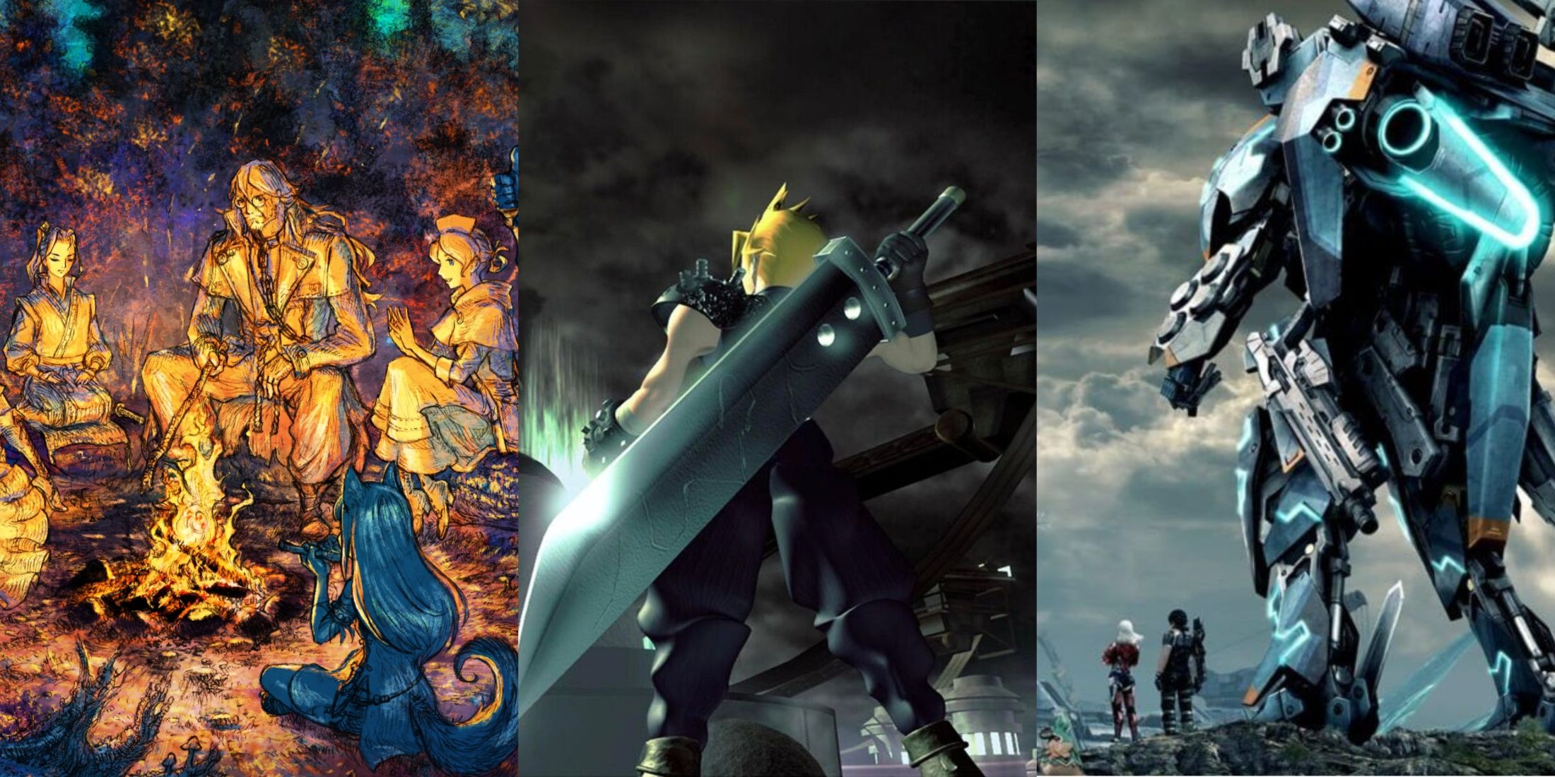 Stills from Octopath Traveler 2, Final Fantasy 7, and Xenoblade Chronicles X