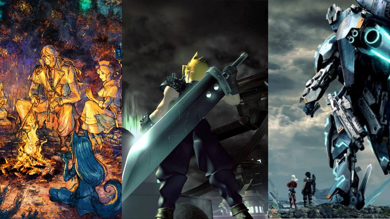 Stills from Octopath Traveler 2, Final Fantasy 7, and Xenoblade Chronicles X
