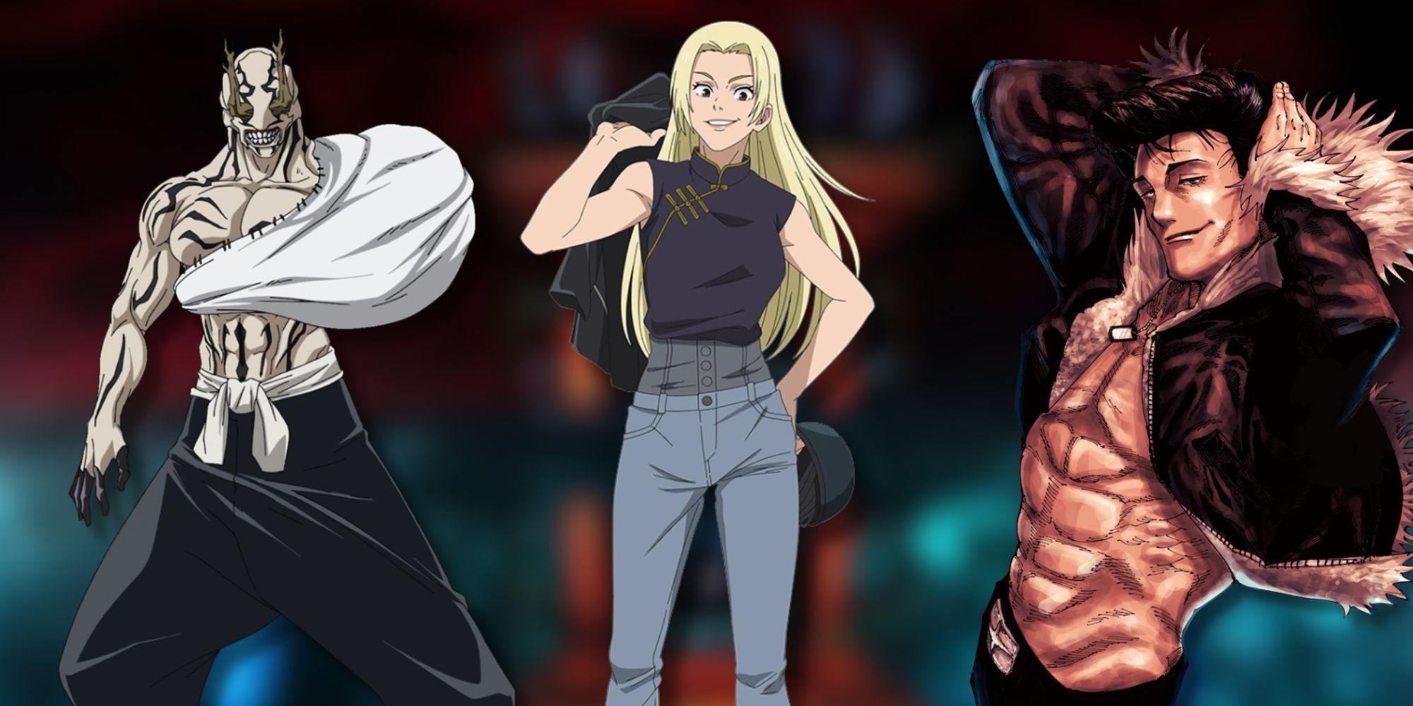 A collage of 3 Jujutsu Kaisen characters with Domain Expansions that were never revealed: Hanami, Yuki Tsukumo and Ryu Ishigori.