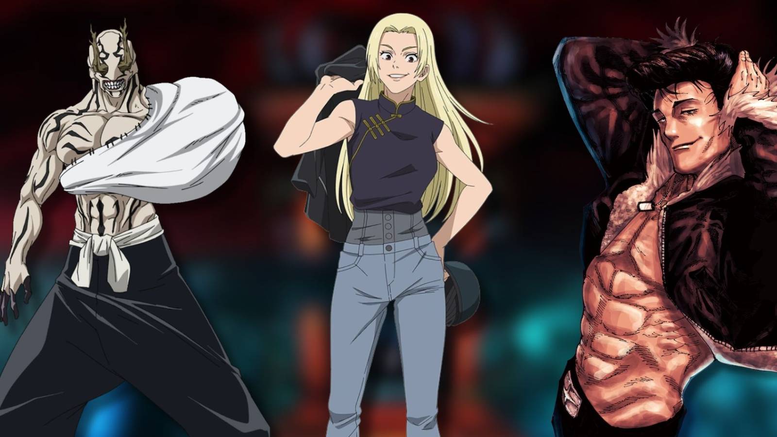 A collage of 3 Jujutsu Kaisen characters with Domain Expansions that were never revealed: Hanami, Yuki Tsukumo and Ryu Ishigori.
