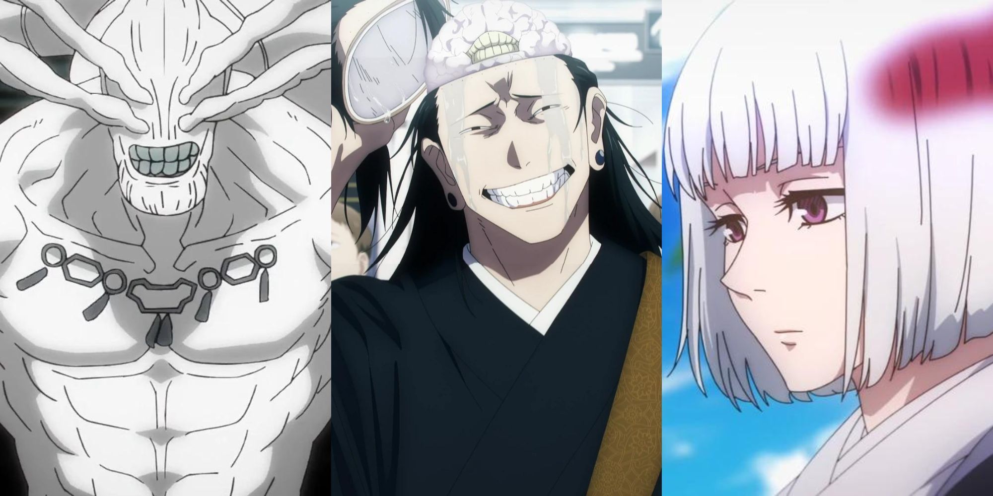 A collage of 3 different Jujutsu Kaisen characters who're related to unanswered questions about the series: Mahoraga, Pseudo-Geto/Kenjaku and Uraume.