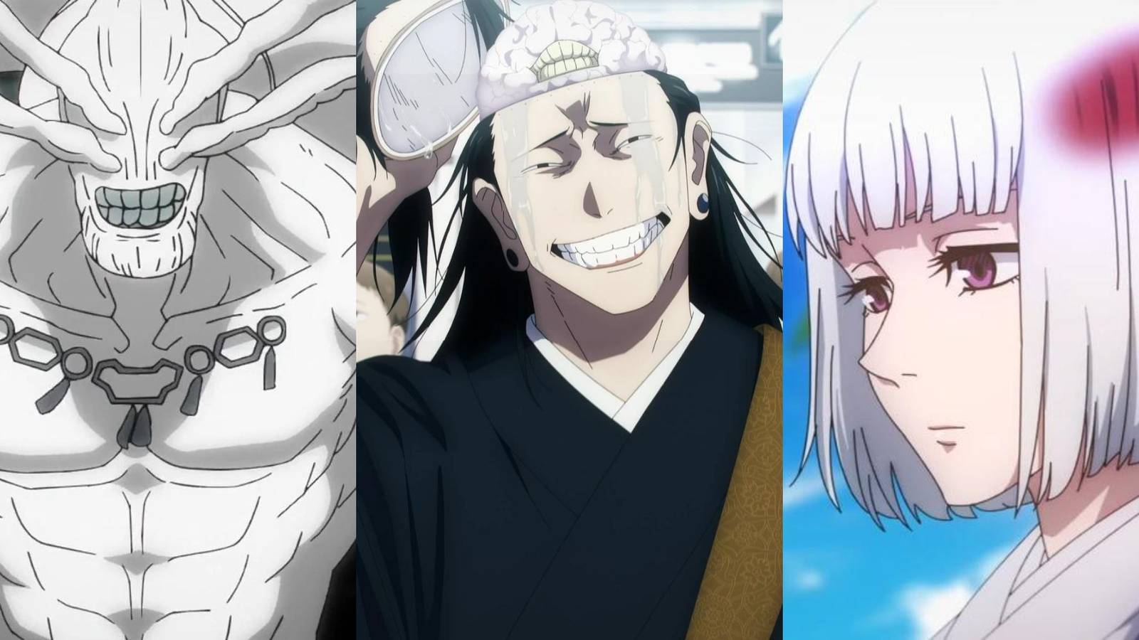A collage of 3 different Jujutsu Kaisen characters who're related to unanswered questions about the series: Mahoraga, Pseudo-Geto/Kenjaku and Uraume.