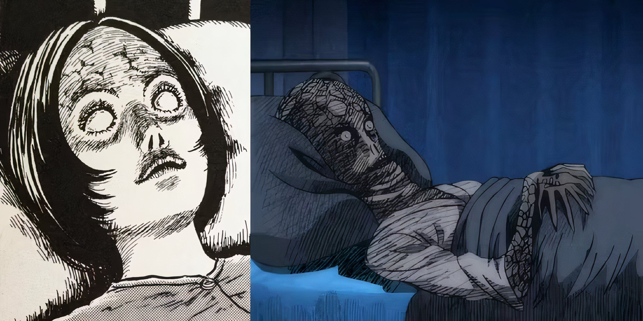 Junji Ito Long Dream two characters i bed, one more inhamn than the other with an elongated cranium