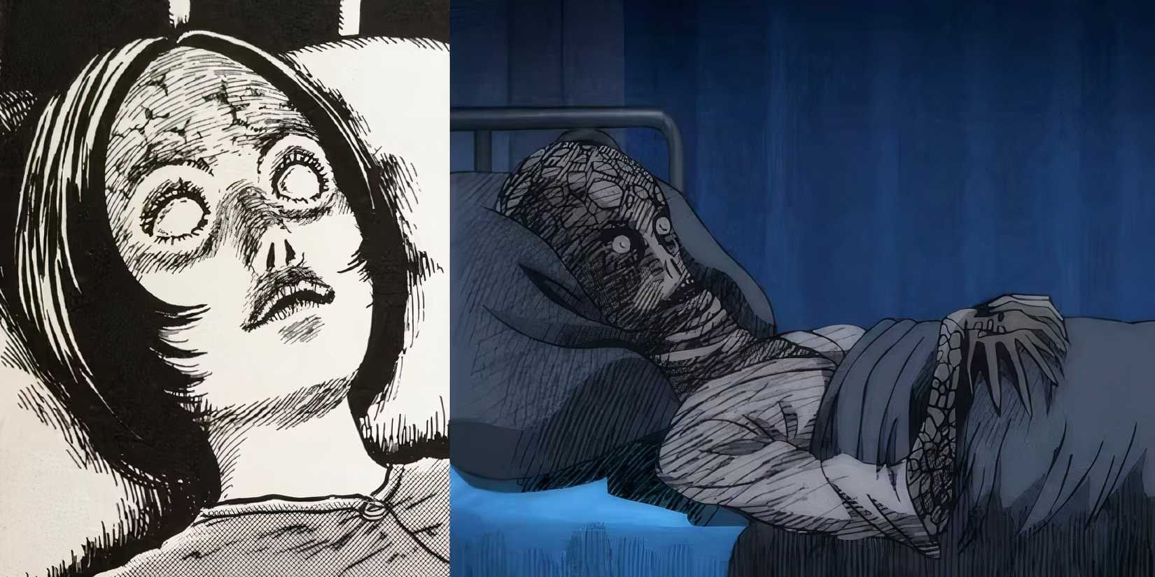 Junji Ito Long Dream two characters i bed, one more inhamn than the other with an elongated cranium