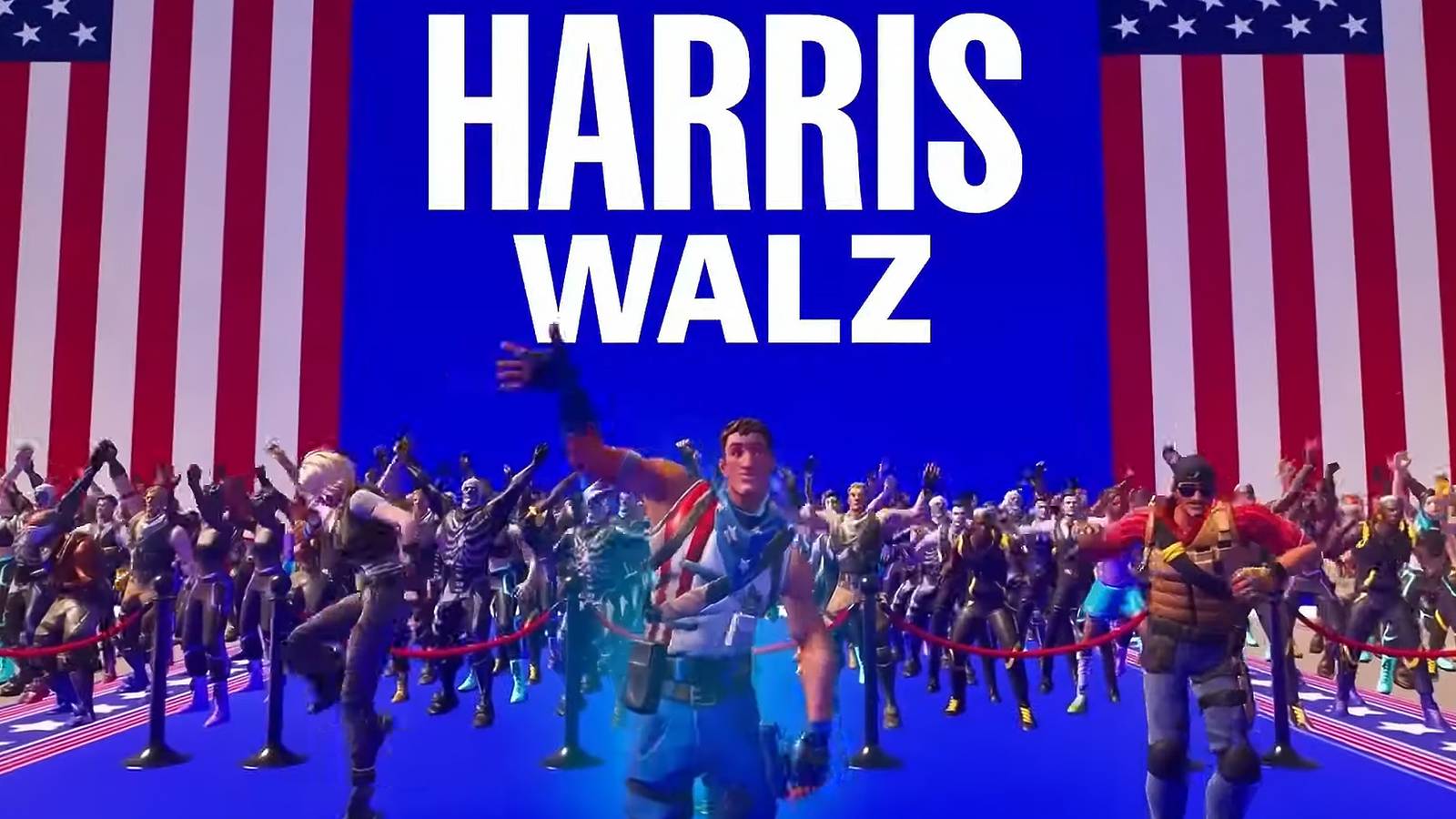 Kamala Harris Tim Walz Fortnite Map Trailer still waving in front of US flag.mp4