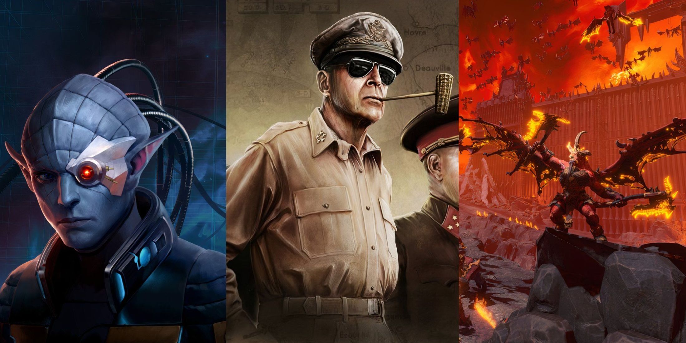 Key art from Stellaris, Hearts of Iron 4 and Total War Warhammer 3