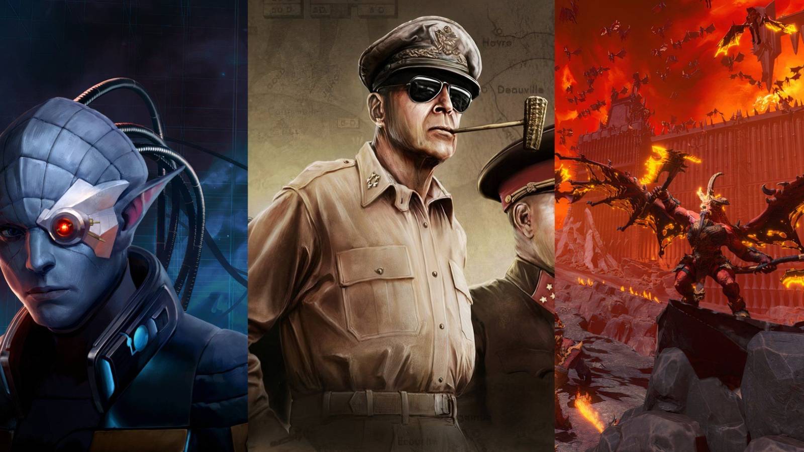 Key art from Stellaris, Hearts of Iron 4, and Total War Warhammer 3
