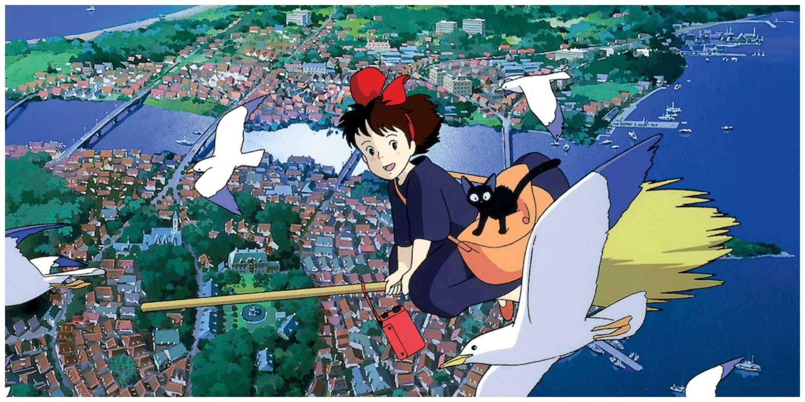 Kiki flying on her broomstick in Studio Ghibli's Kiki Delivery Service