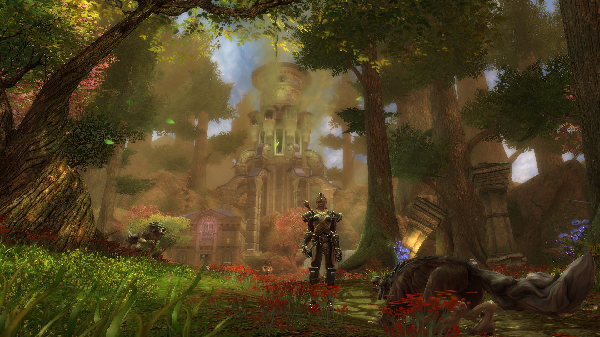 kingdoms of amalur reckoning character standing in a colorful forest