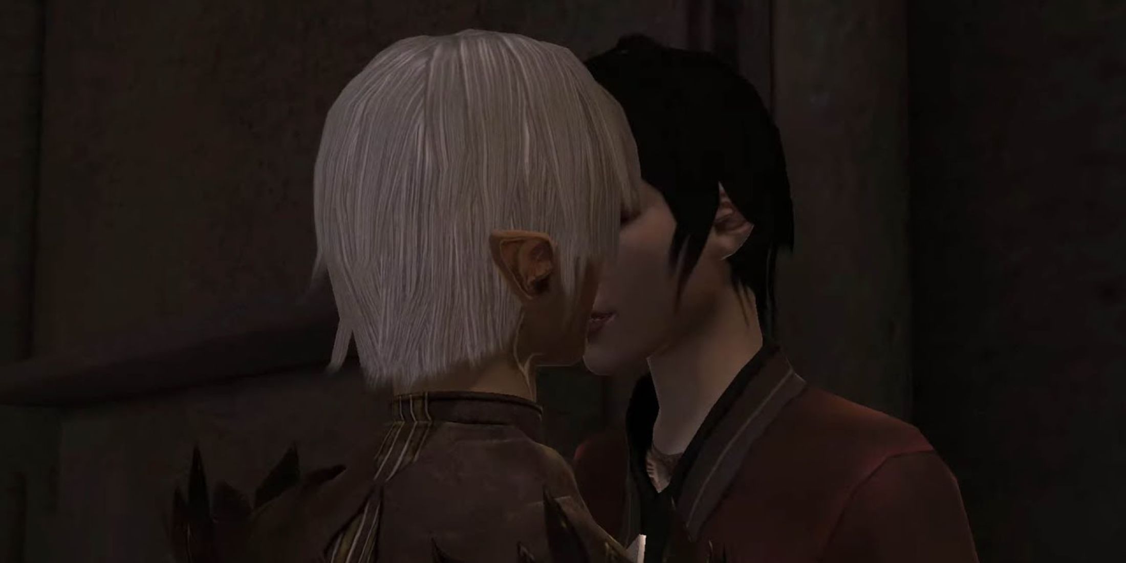 An image of Fenris kissing Hawke in Dragon Age 2