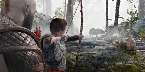 Kratos helping Atreus hunt in God of War 2018