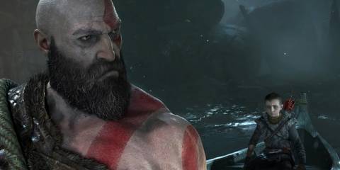 Kratos looking back at Atreus in God of War 2018