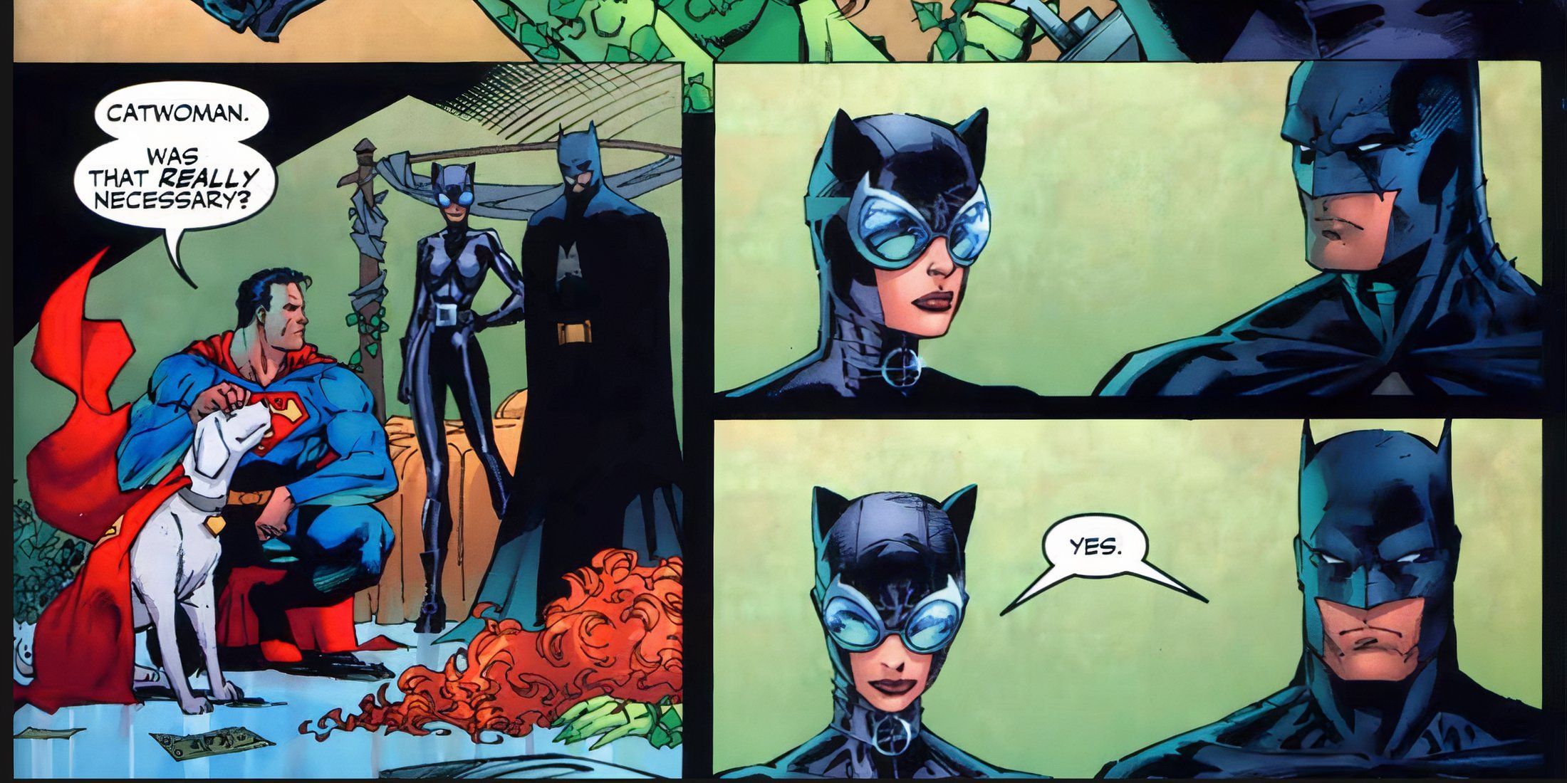 Superman questions Catwoman if punching Poison Ivy was really necessary 