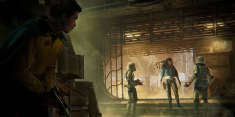 Lando Calrissian hiding while Kay distracts Stormtroopers in Star Wars Outlaws Wild Card DLC