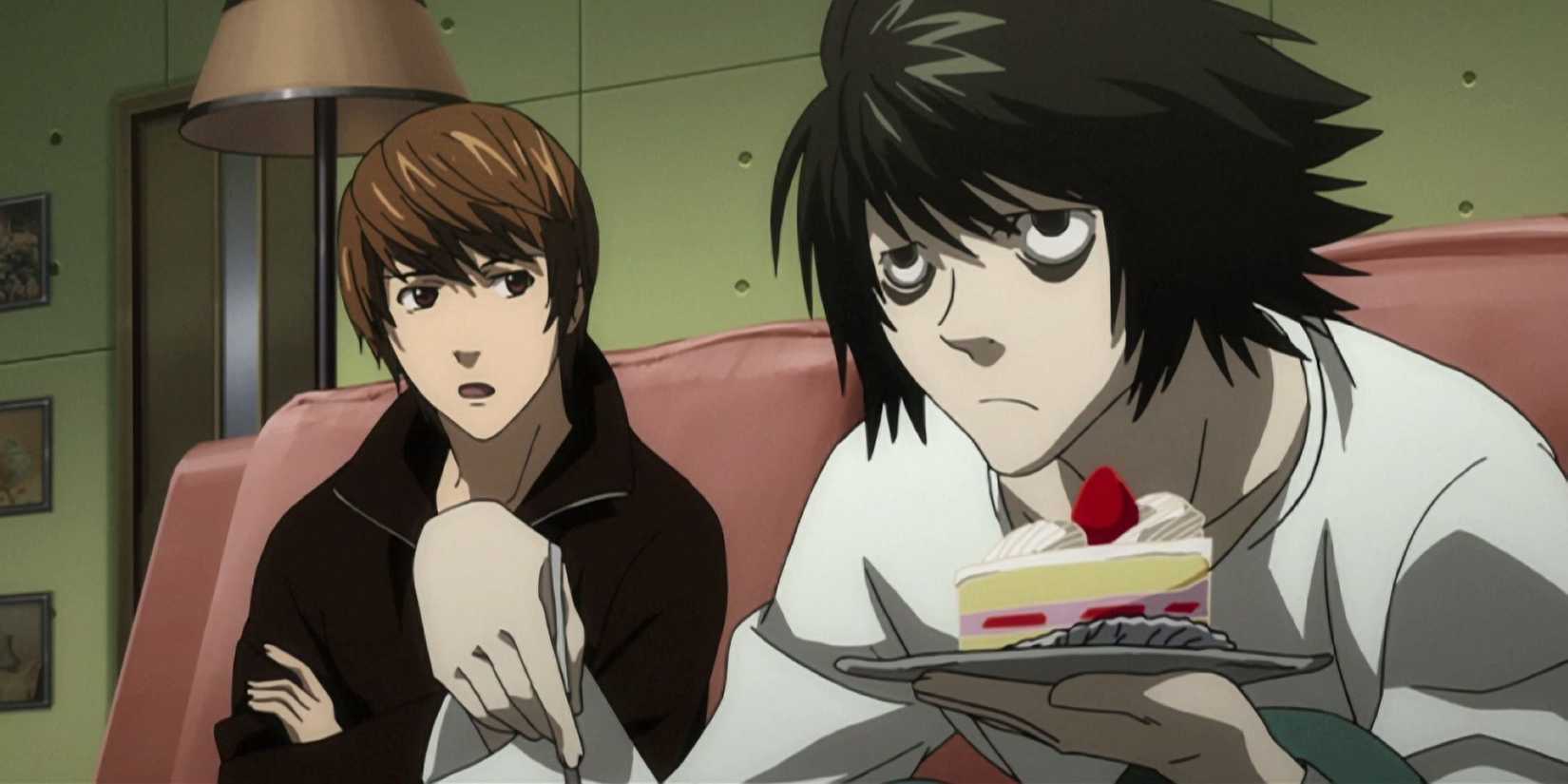 death note anime light yagami with l eating cake