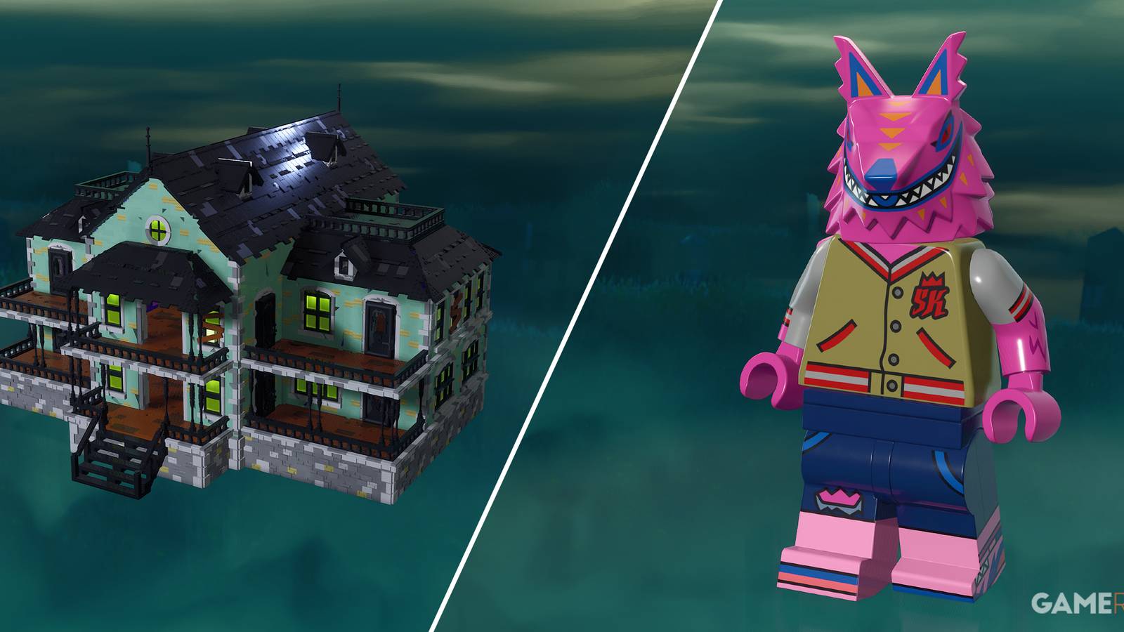 Split-image showcasing Brick or Treat Pass Rewards in LEGO Fortnite