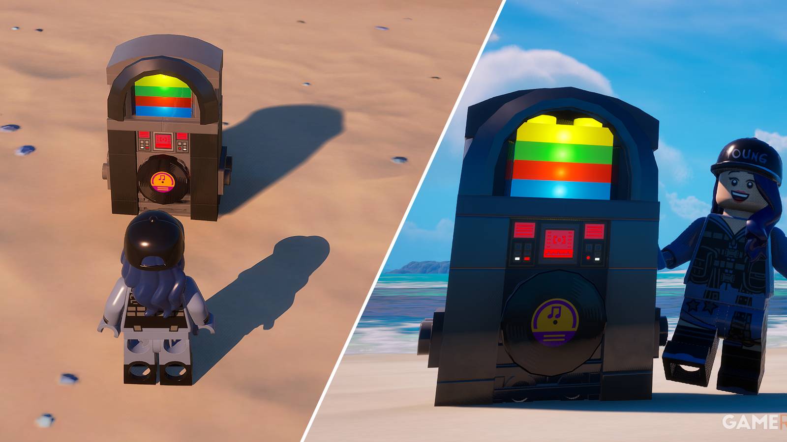Split-image showcasing the Yondertron Jukebox in LEGO Fortnite