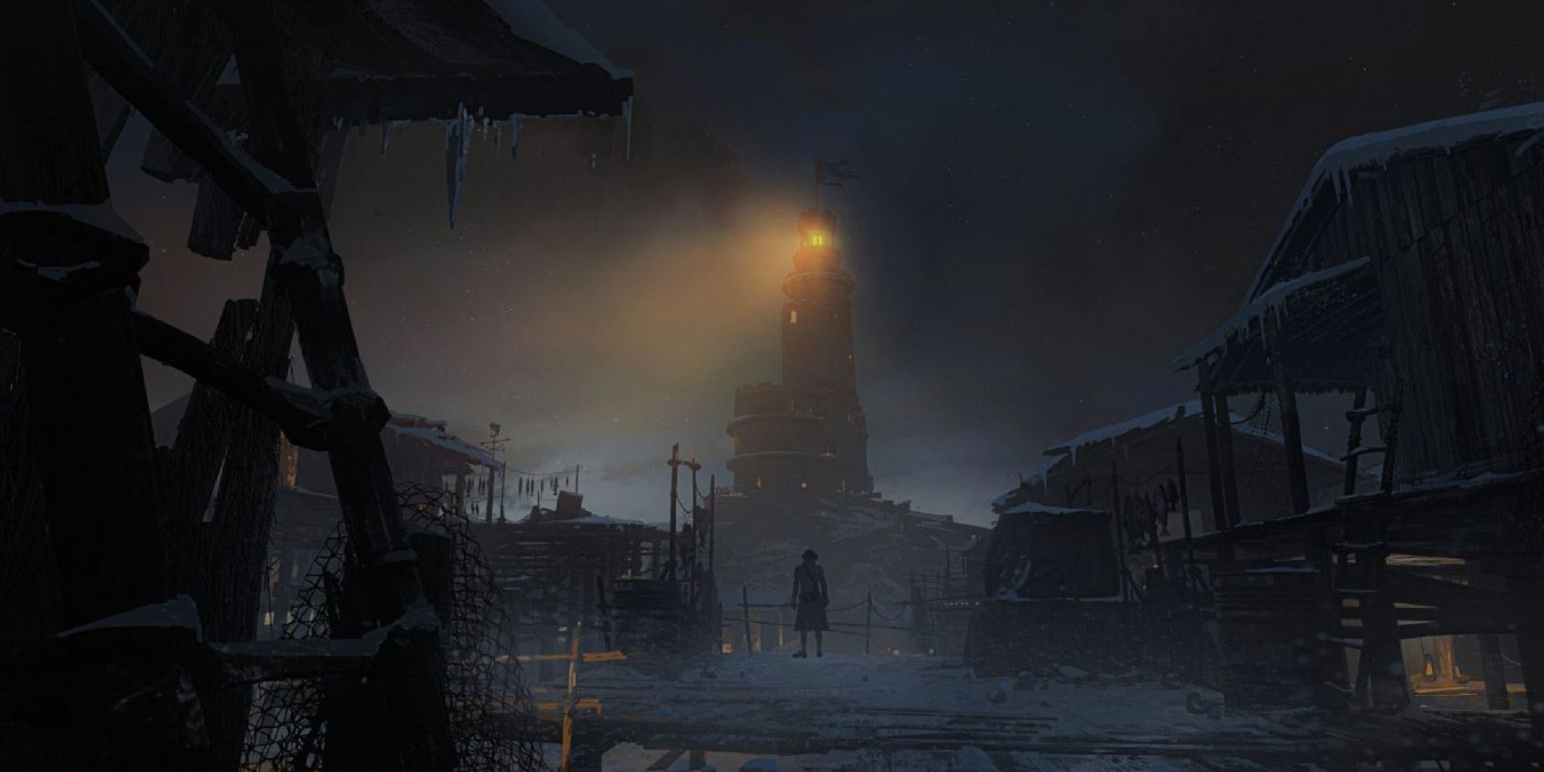 Pinocchio stands in a snow-covered village at night, gazing towards a lighthouse glowing in the distance,