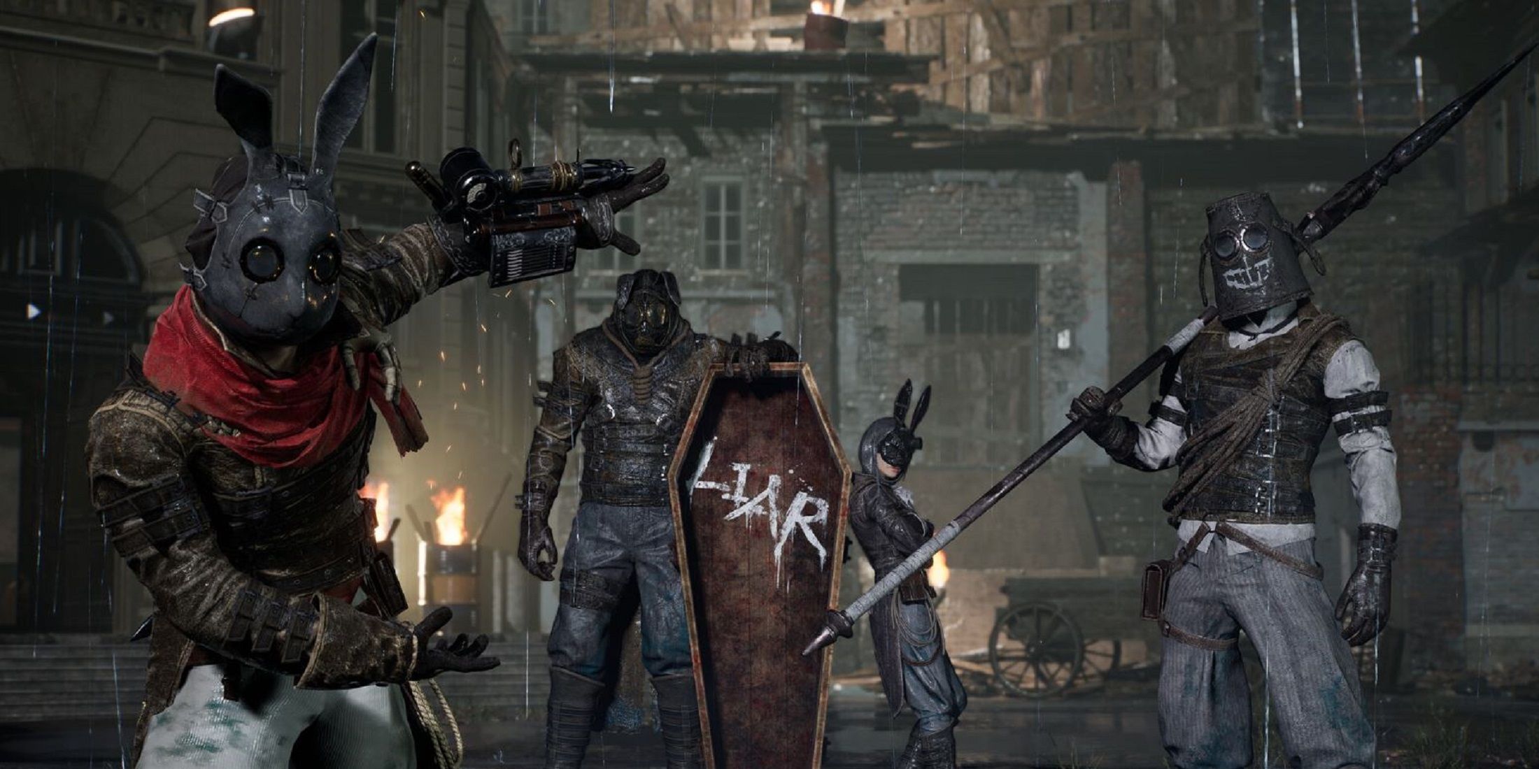 A group of masked, armored characters from Lies of P stand in a dark, rainy alley.