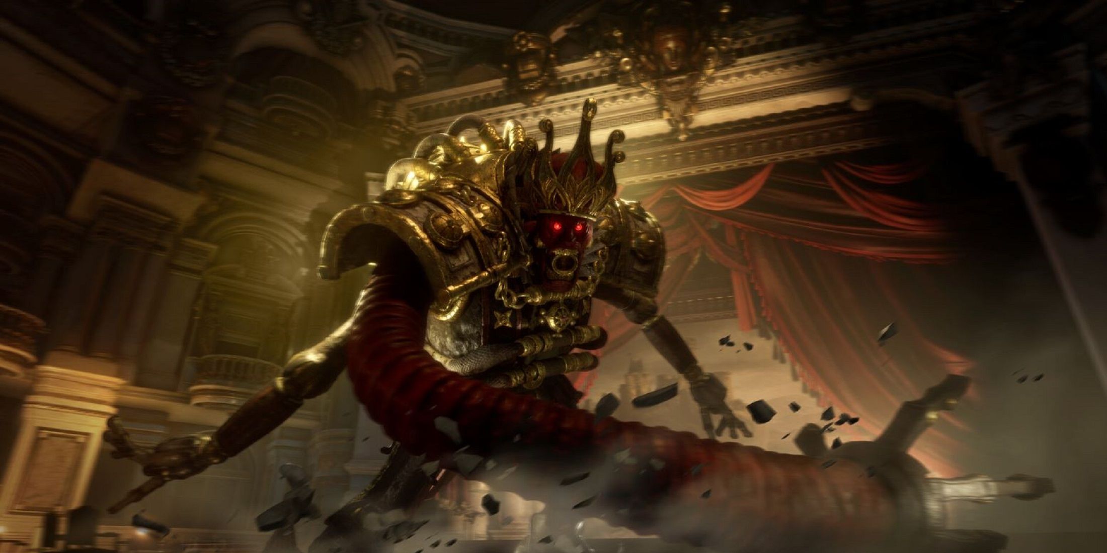 A massive mechanical boss with glowing red eyes, adorned in gold armor, attacks in an ornate theater setting in Lies of P