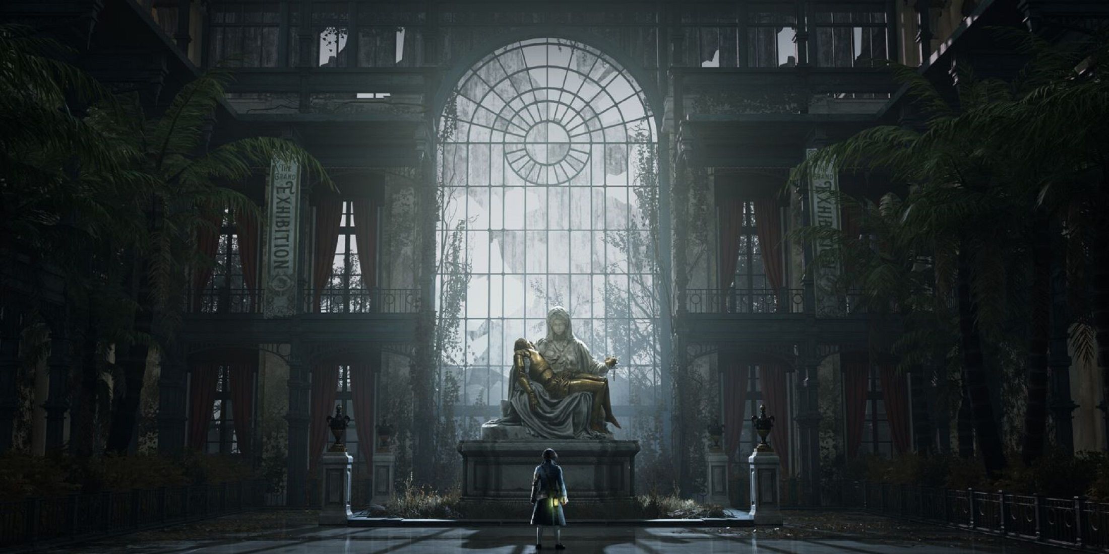 Pinocchio stands before a grand, decayed statue in a broken exhibition hall in Lies of P.