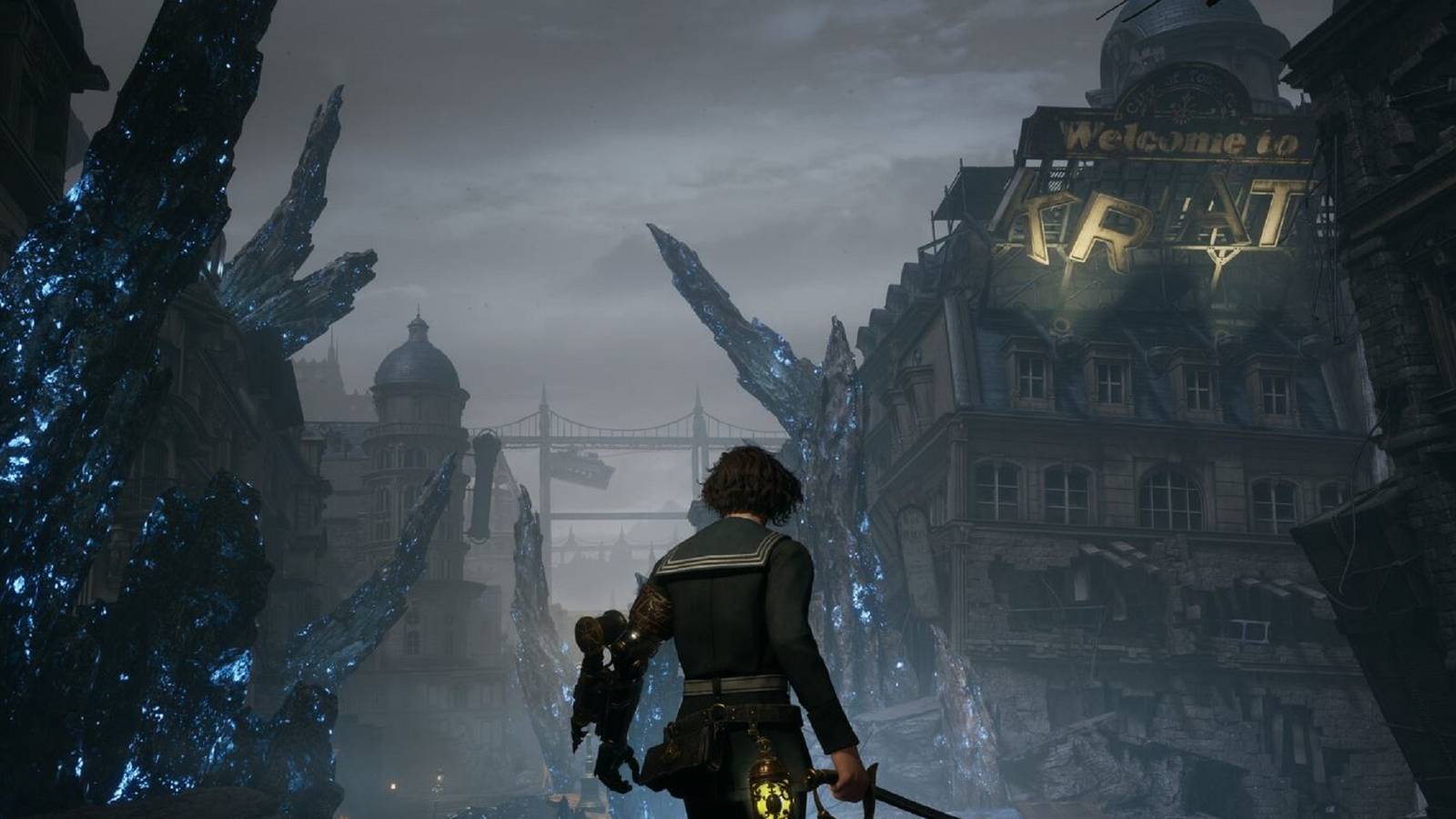 Lies of P Pinocchio stands in a destroyed city, facing massive glowing crystals with a broken 