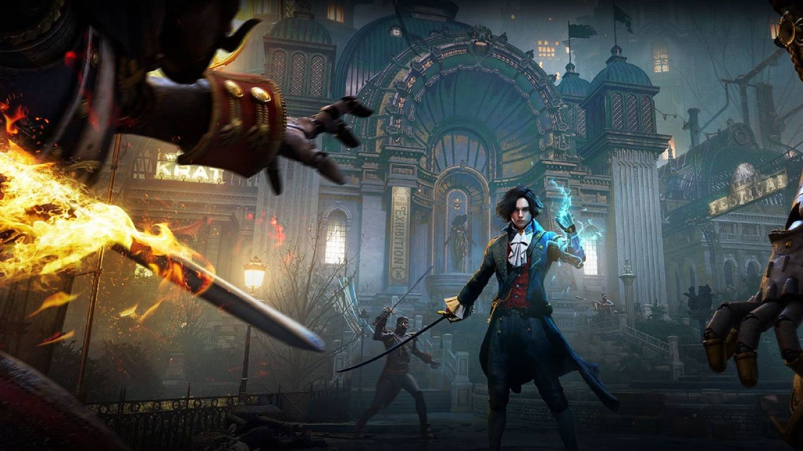 A fierce battle erupts as Pinocchio is armed with a sword and glowing with electric energy in Lies of P