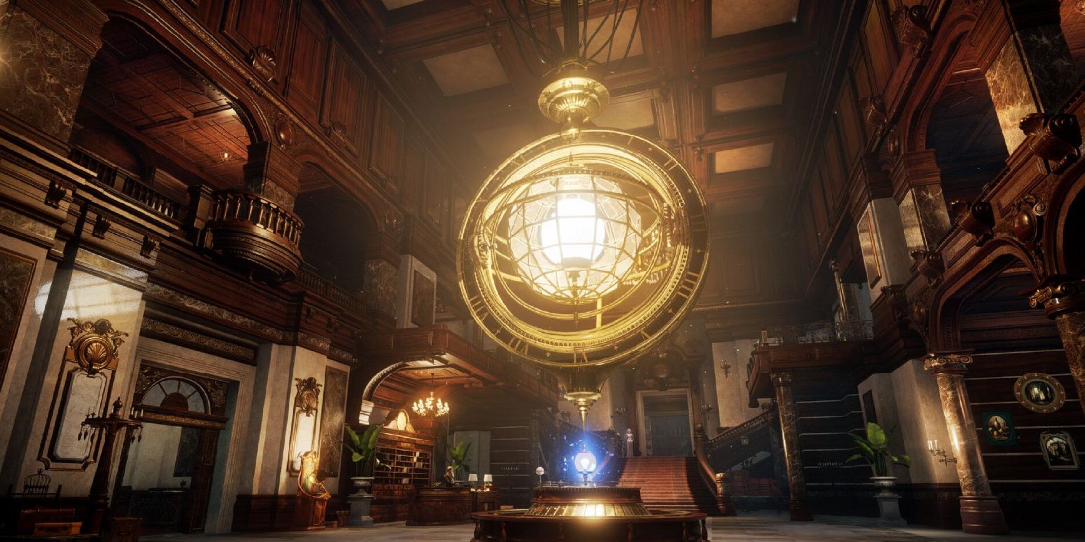 A grand, ornate room with a massive golden astrolabe centerpiece from Lies of P