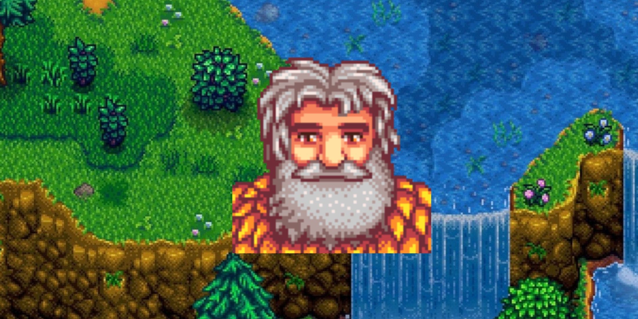 linus icon with waterfall background in stardew valley