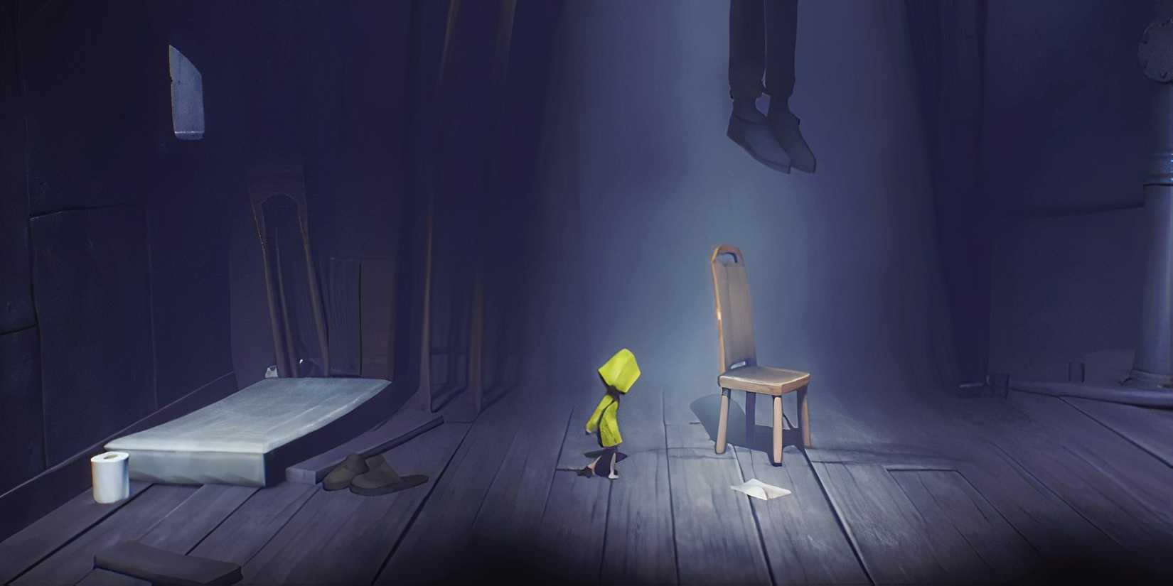 Six in a dark room with a chair and a mattress. 