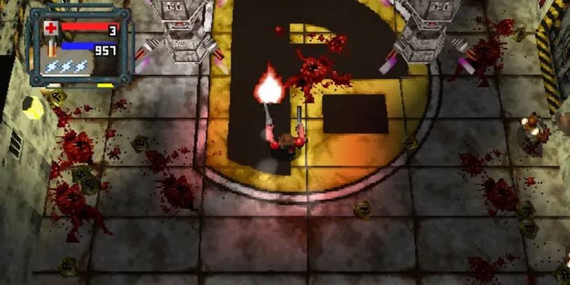 top-down perspective, character shooting at something offscreen