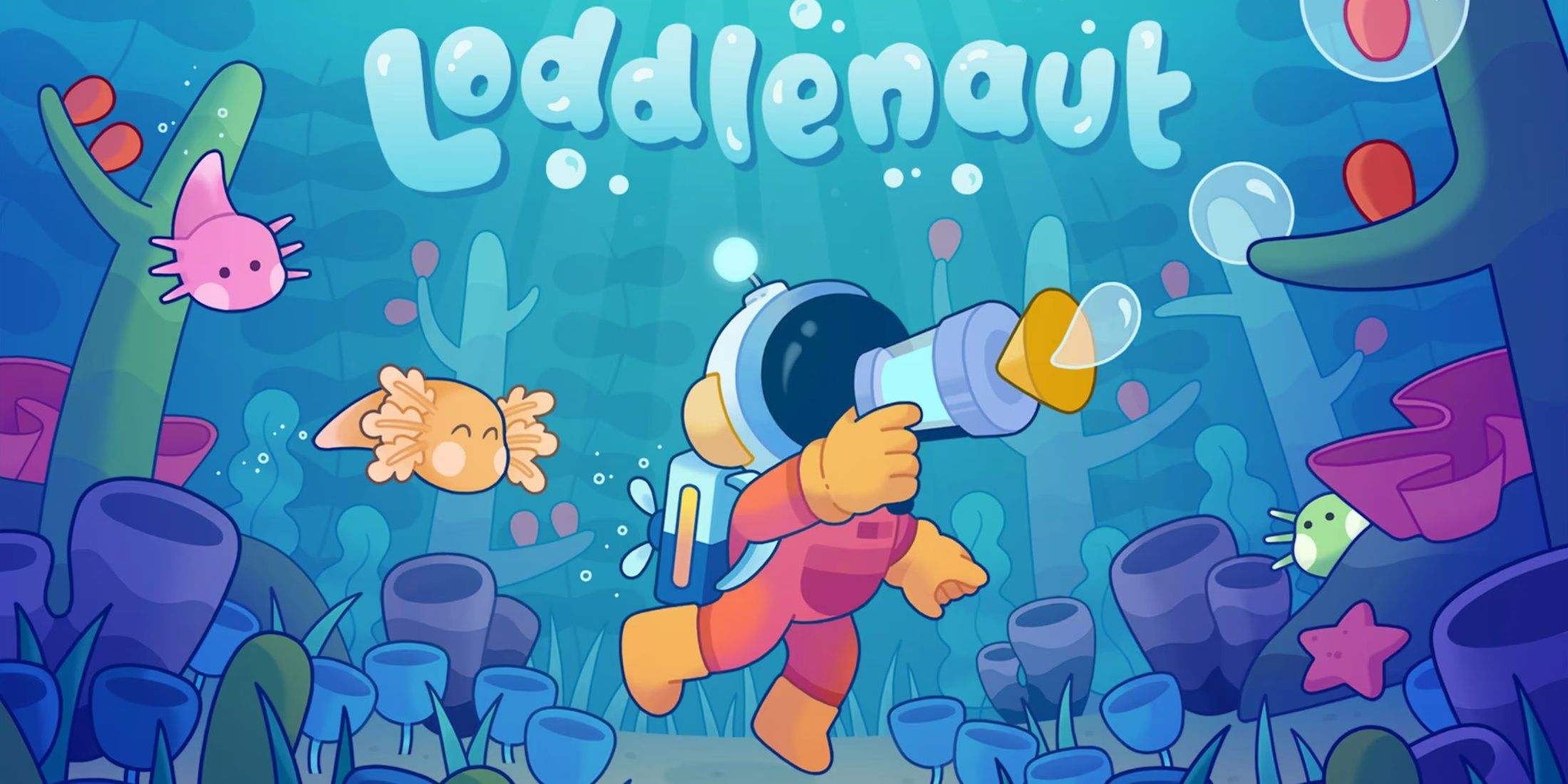 title screen with player character, loddles and underwater seascape