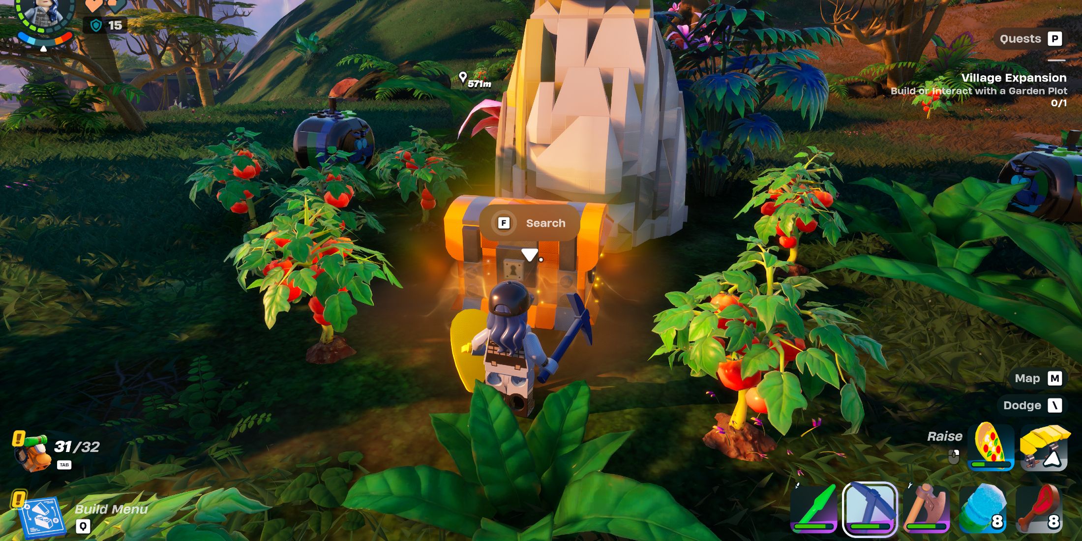 Screenshot showcasing a player looting a chest near a Tomato Island Head in LEGO Fortnite 