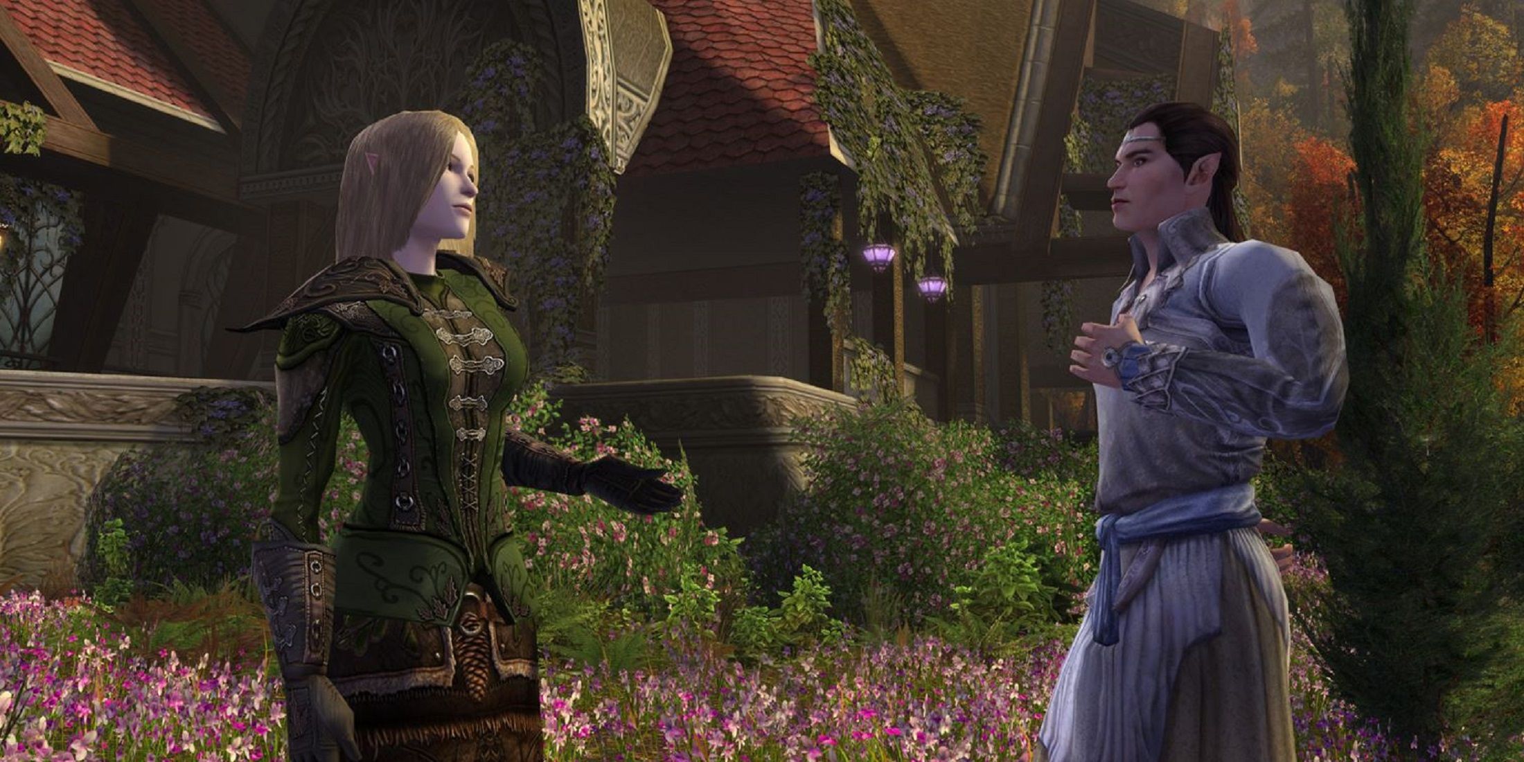 Two elves converse in a vibrant garden setting in a Lord of the Rings game