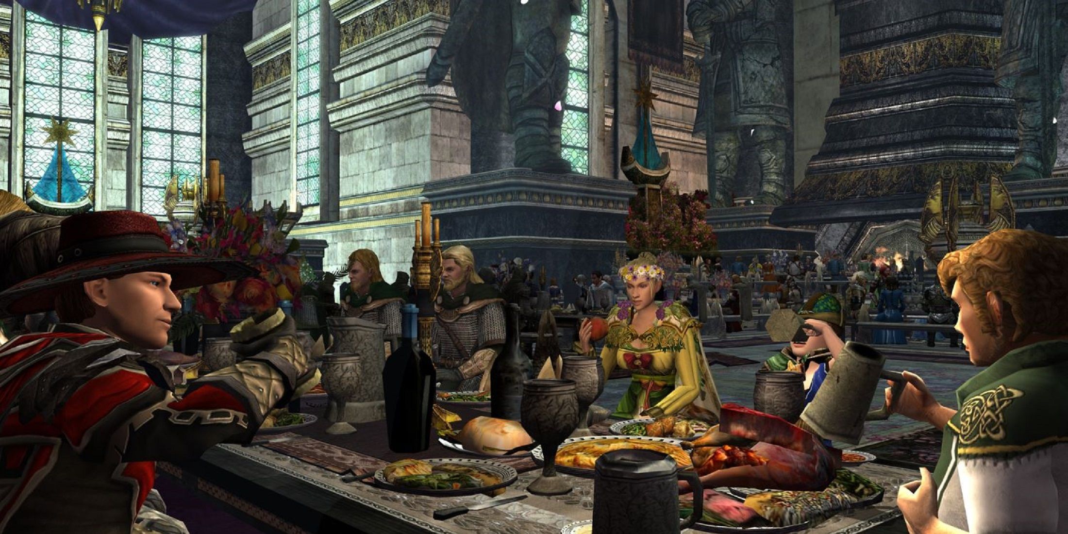 Characters from a Lord of the Rings game gathered at a large banquet table in a grand hall, sharing a feast amidst a medieval setting