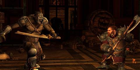 A dwarf warrior faces off against a menacing orc in a tense, dimly lit battle scene from a Lord of the Rings game