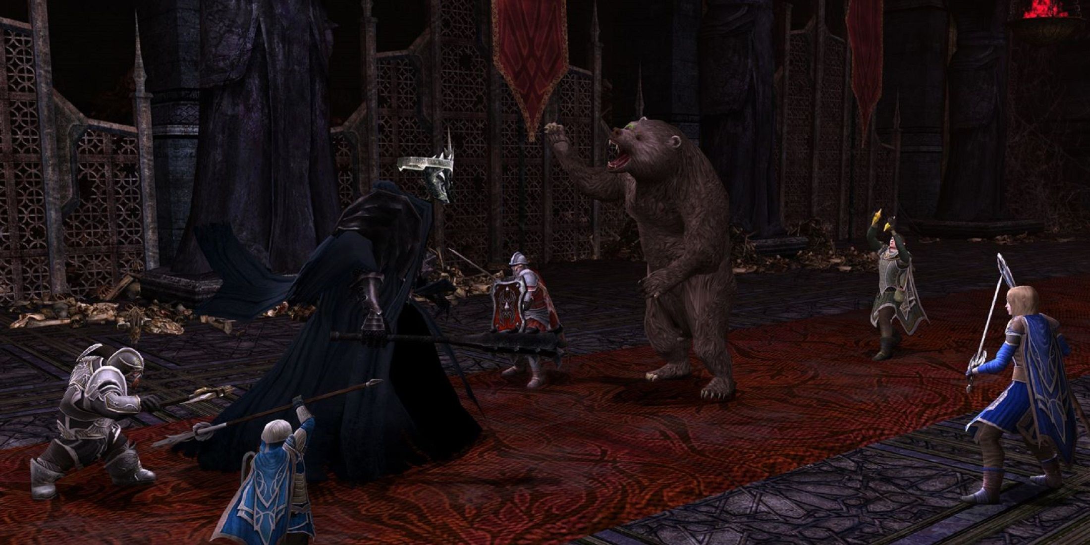 A group of warriors, including a bear, face off against a dark, armored enemy in a Lord of the Rings game