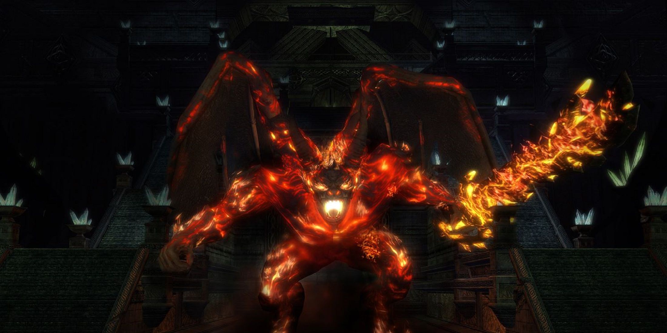 A fiery demon Balrog wielding a flaming sword emerges in a dramatic scene from a Lord of the Rings game