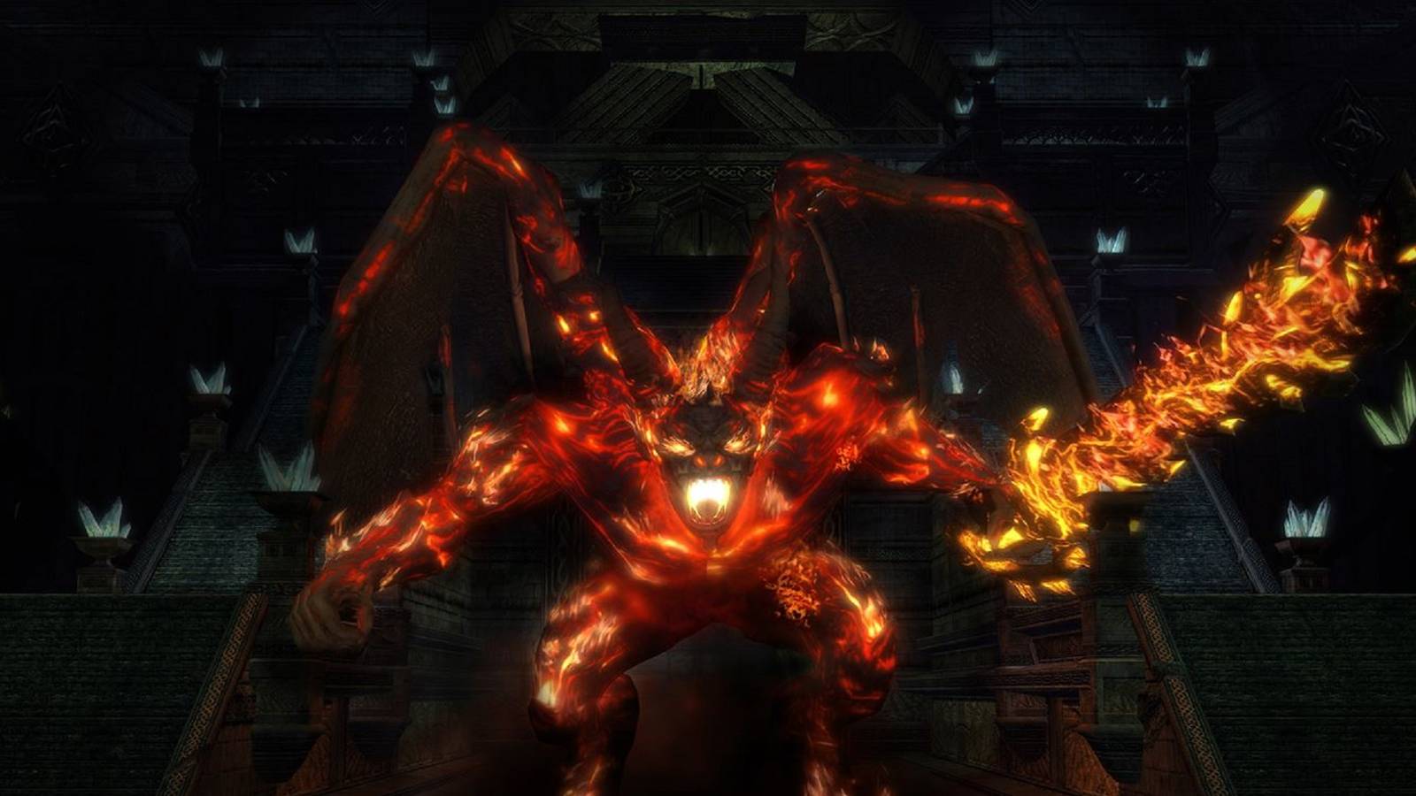 A fiery demon Balrog wielding a flaming sword emerges in a dramatic scene from a Lord of the Rings game