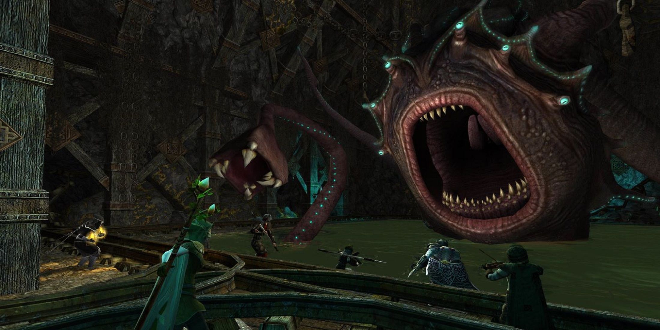 Adventurers face a giant, multi-tentacled monster in an intense battle scene from a Lord of the Rings game.